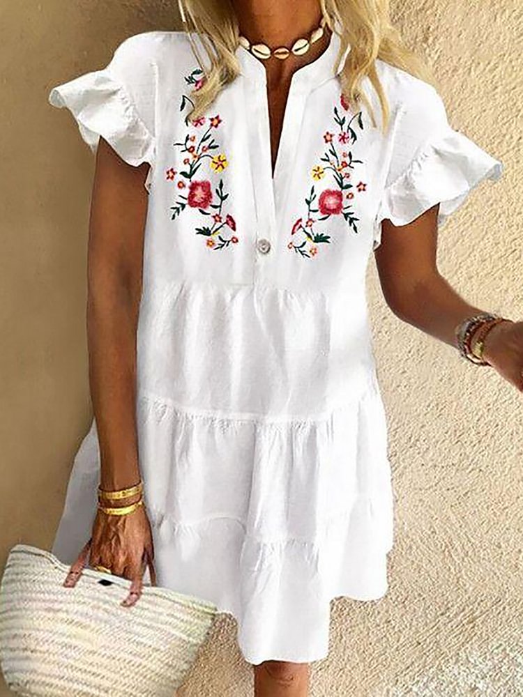 Floral Short Sleeve V-Neck Ruffled Mini Dress