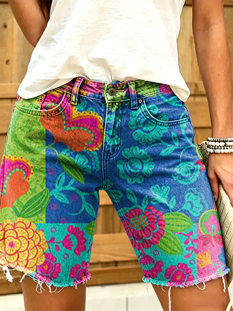 Women's Colorful Vintage Ethnic Floral Art Print Mid-Length Denim Bermuda Shorts with Frayed Hem