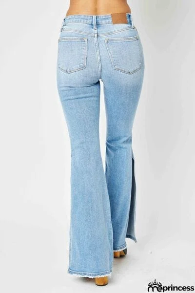 Judy Blue Full Size Mid Rise Raw Hem Slit Flare Jeans