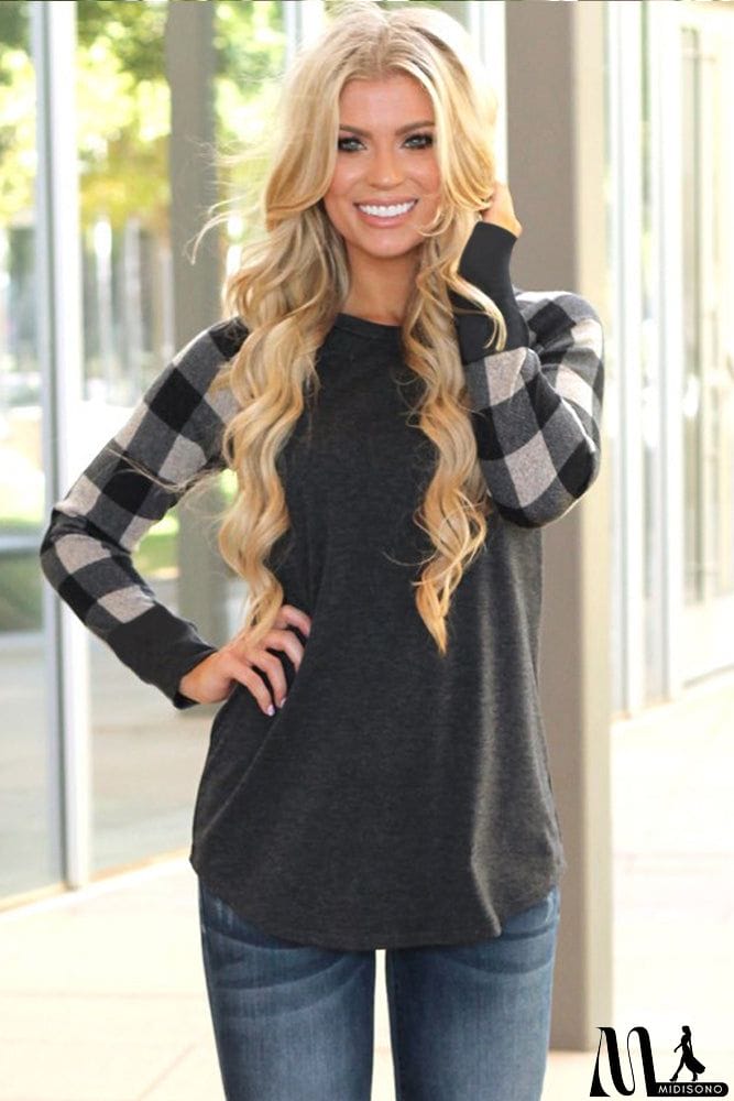 MidiSono - Monochrome Plaid Sleeve Charcoal Top