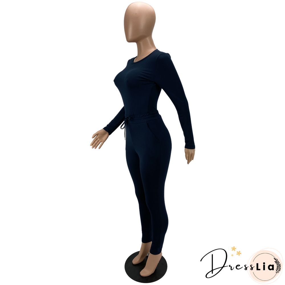 Solid Long Sleeve T Shirt Lace Up Pants Set