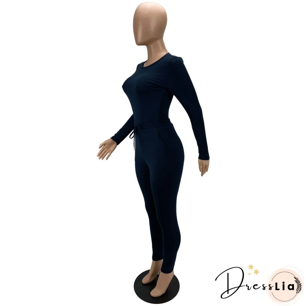 Solid Long Sleeve T Shirt Lace Up Pants Set