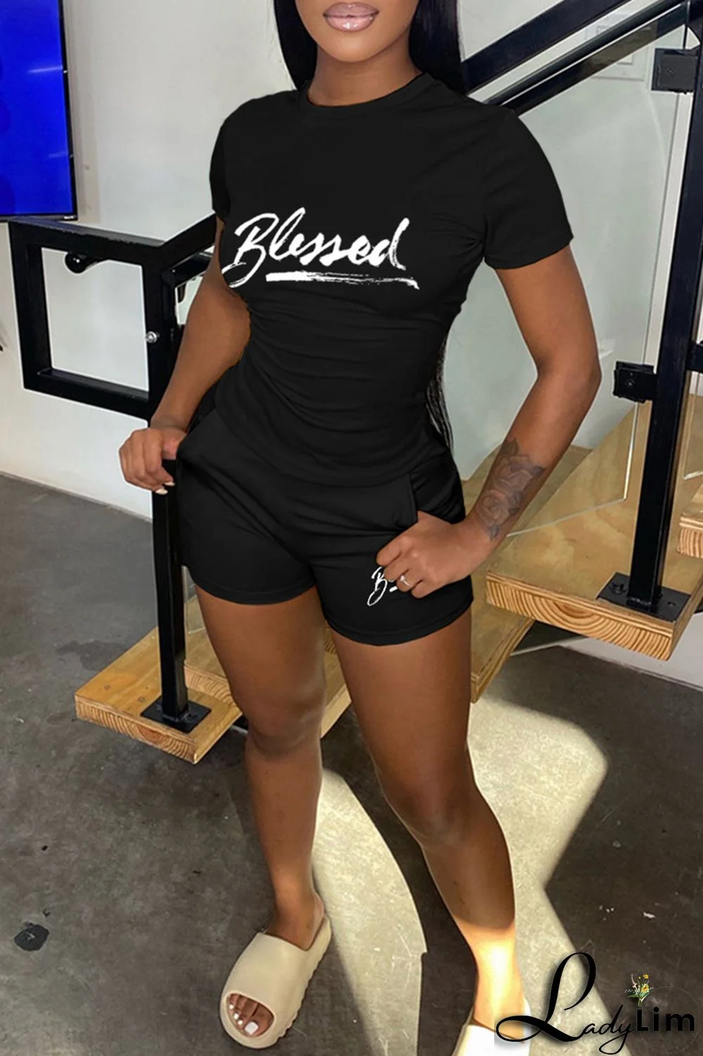 Pink Casual Letter Print Basic O Neck Short Sleeve Two Pieces