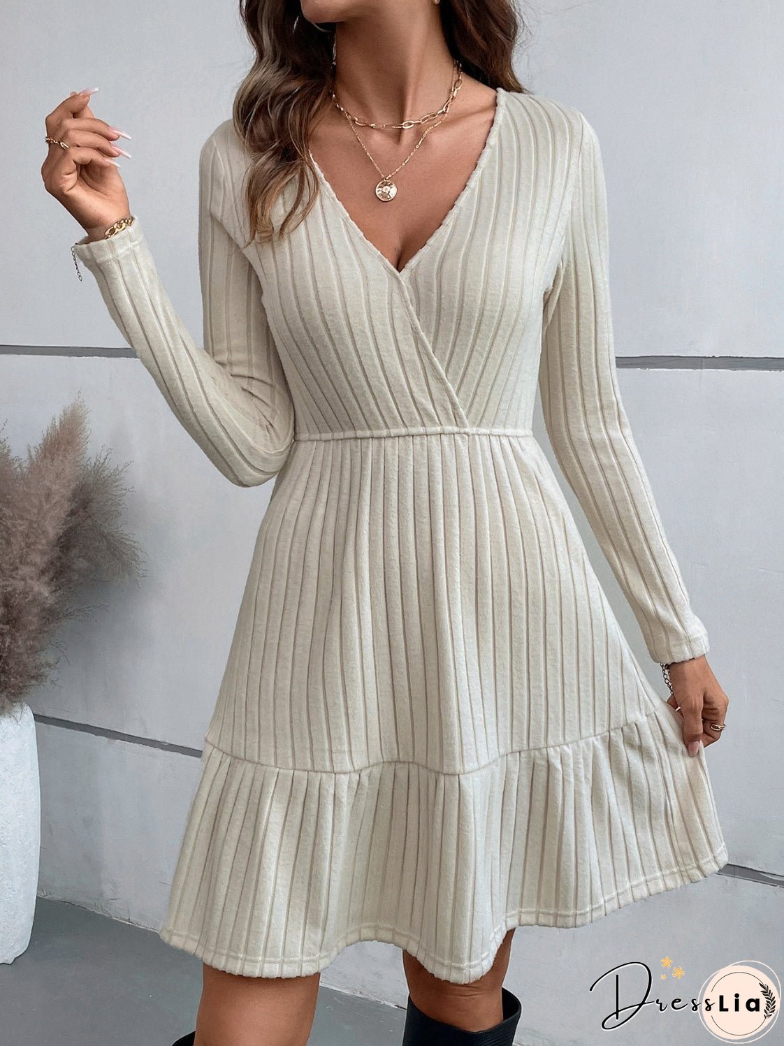 Ruffle Hem Surplice Long Sleeve Dress
