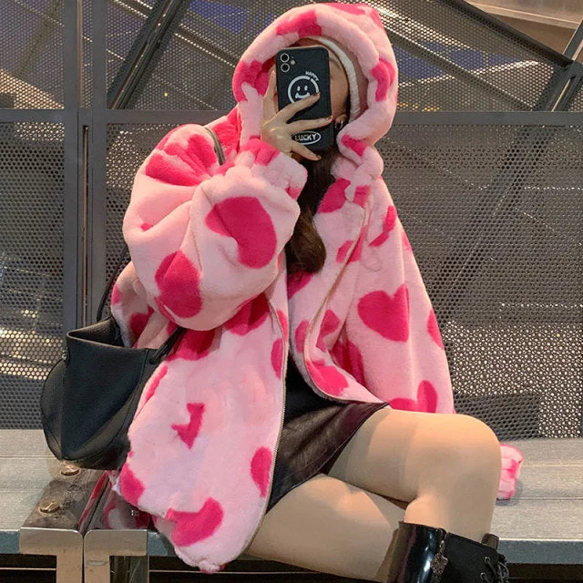Y2K Harajuku Pink/Black/Coffee/White Heart Printed Warm Plush Coat BE609