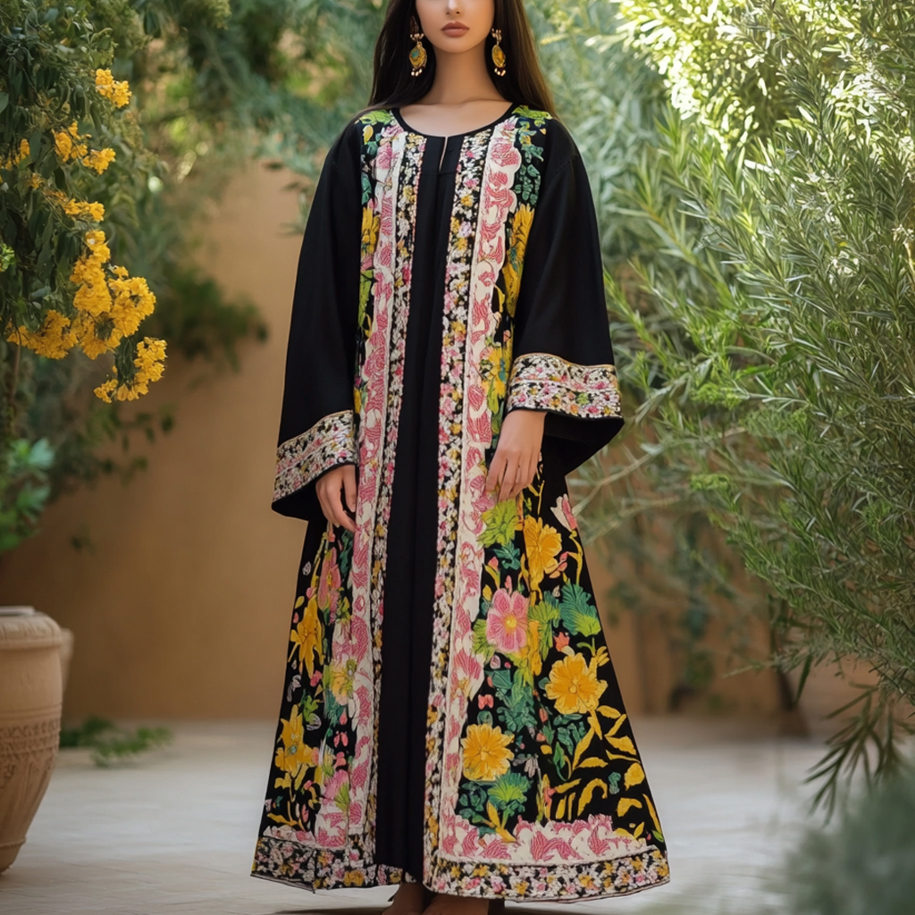 Women's Middle Eastern Floral Print Contrast Color Stitching Temperament Four Seasons Robe Dress
