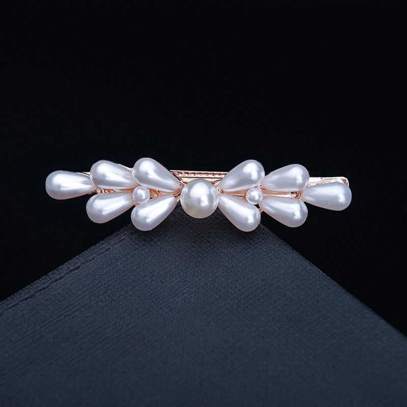 Korean Hair Accessories Rhinestone Bow Simple Hairpin Adult Pearl Horizontal Clip Ponytail Clip Top Clip Spring Clip Small