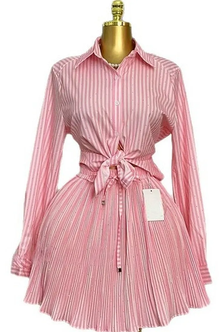 Striped Shirt and Pleated Skirt Two Piece Set with Crystal Details