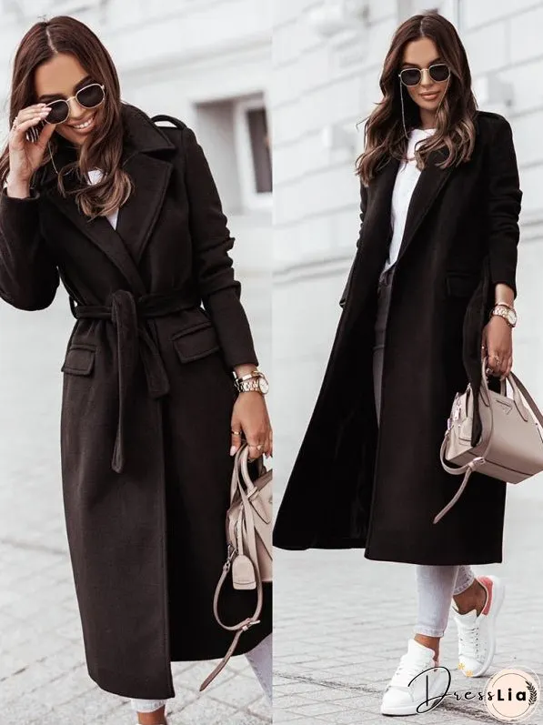 Autumn and Winter Simple Long-Sleeved V-Neck Tie Jacket