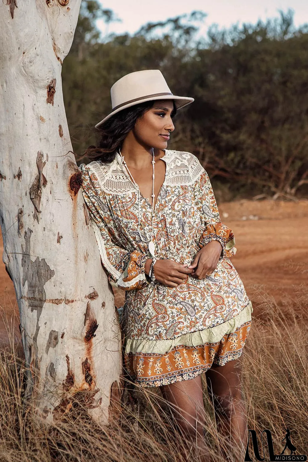 MidiSono - Multicolor Lace Splicing Split Neck Paisley Ruffle Mini Dress