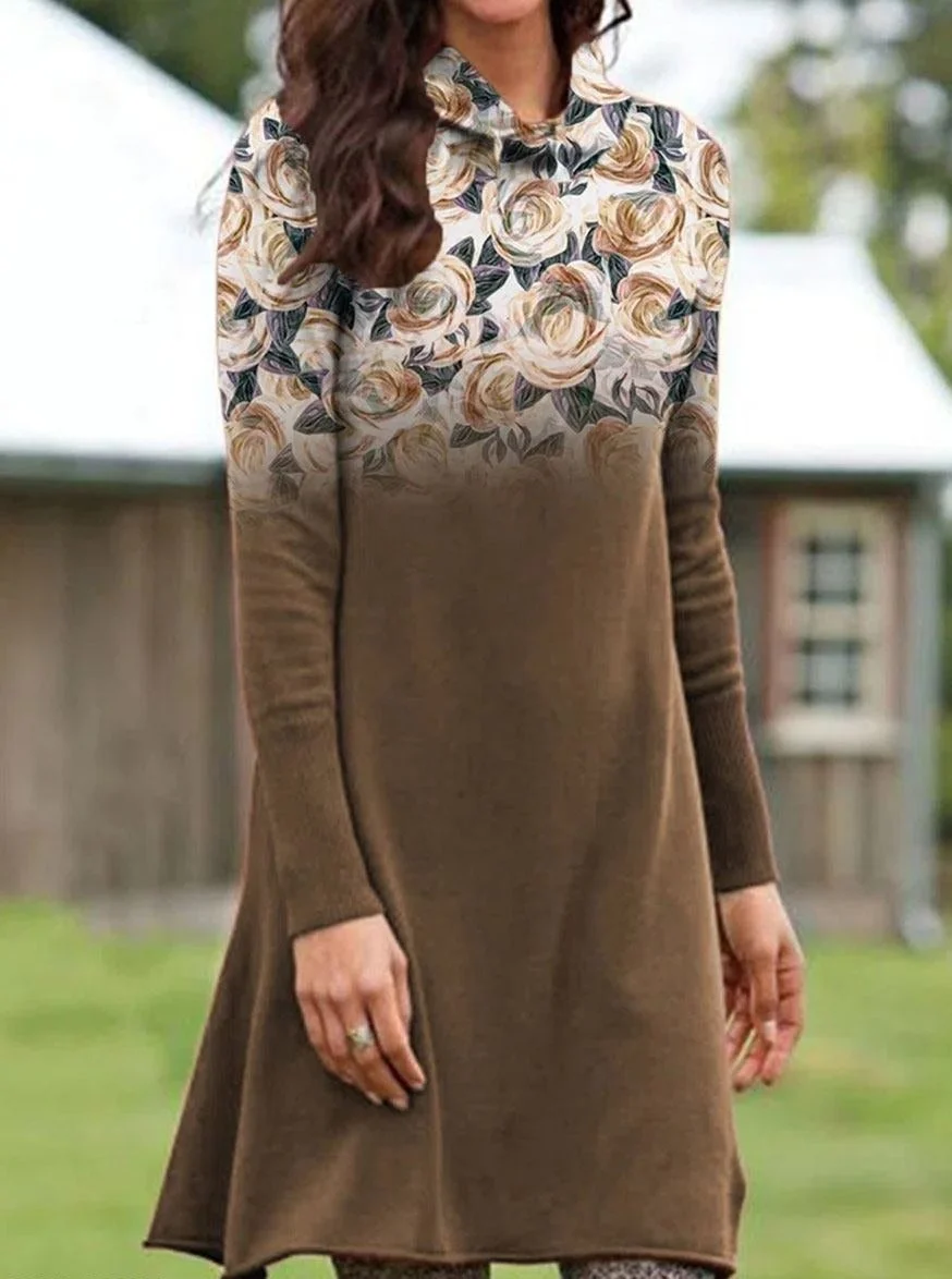 Flower Print Stack Neck Long Sleeve Casual Shift Dress