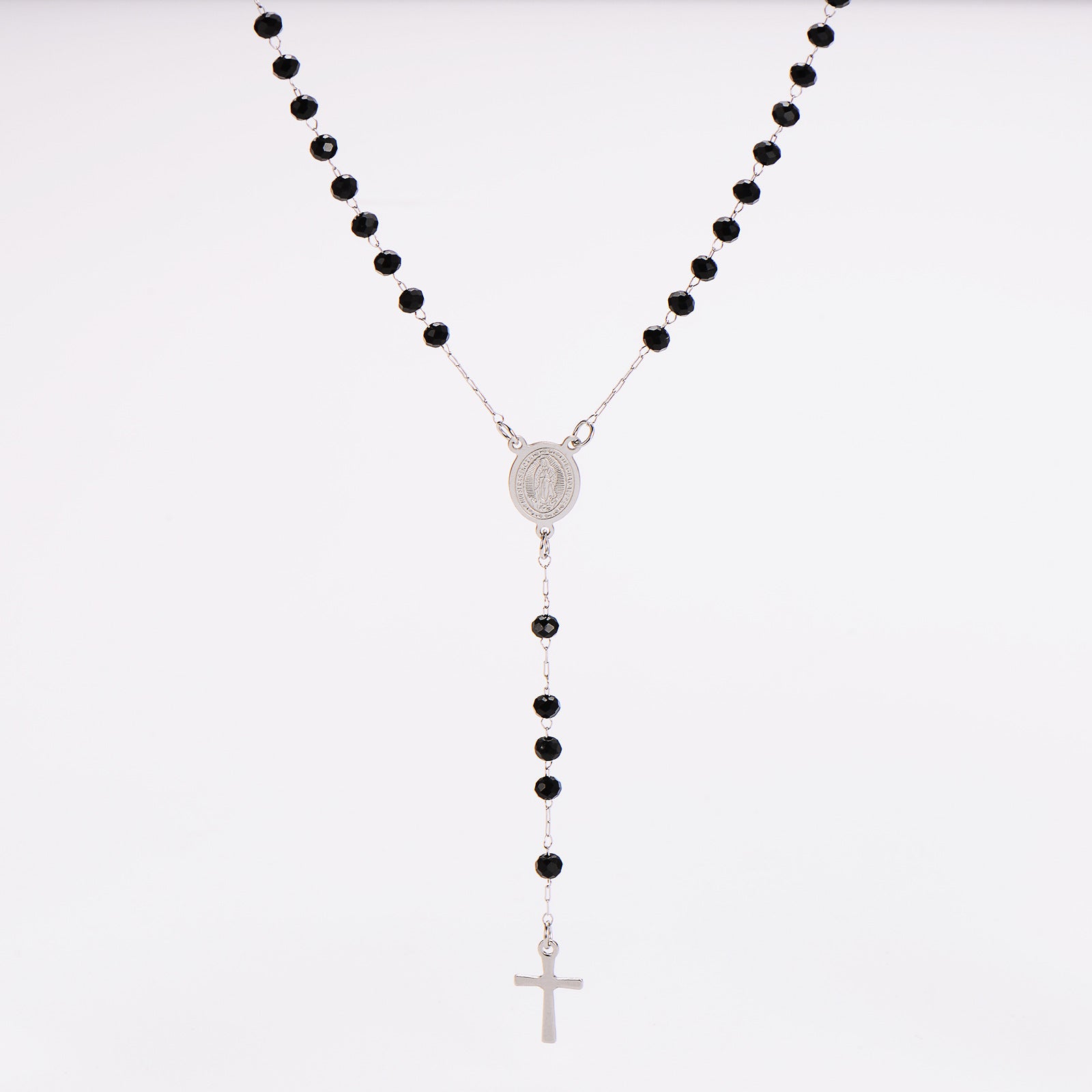 Aml Dopamine Color Crystal Beads Double-Sided Catholic Saint Benedict Portrait + Holy Medal Stainless Steel Long Necklace