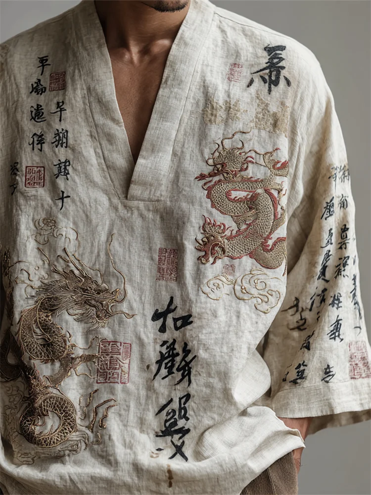 Men's Japanese Dragons Calligraphy Art Linen Shirt