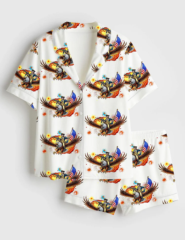 Women&rsquo;s Wtf Is A Kilometer Eagle Funny 4th Of July Founding Father USA Independence Day Print Short Sleeve Satin Pajama Set