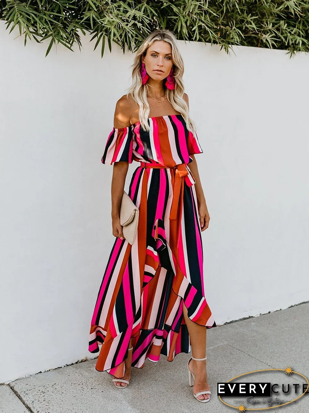 Vacation Off Shoulder Striped Belt Maxi Dress