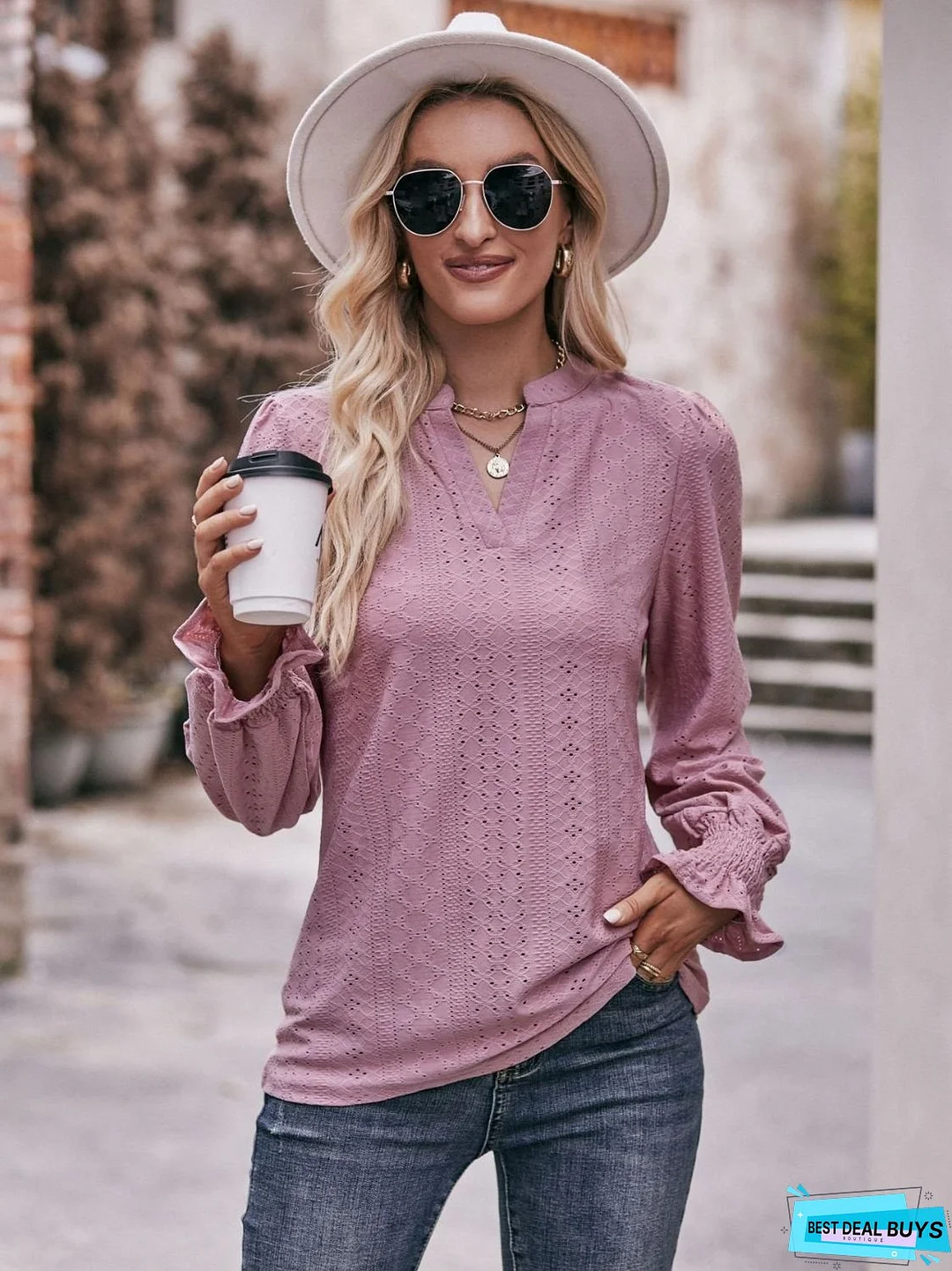 Eyelet Notched Neck Flounce Sleeve Blouse