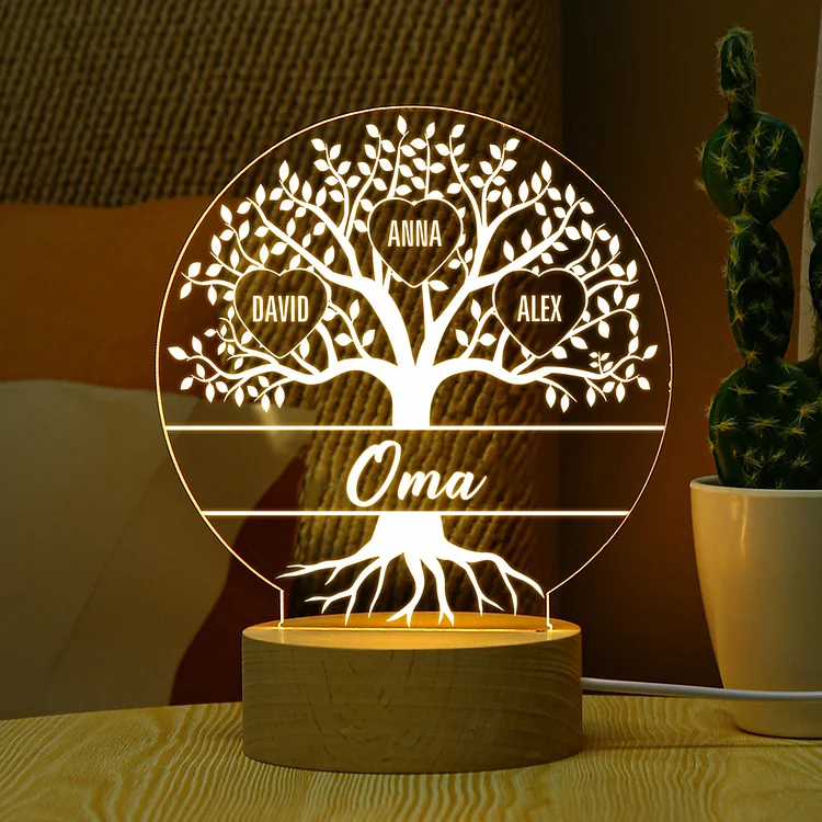 Kettenmachen Personalisierte 4 Namen Familienstammbaum Nachtlicht Geschenk für Großmutter/Mutter zum Muttertag