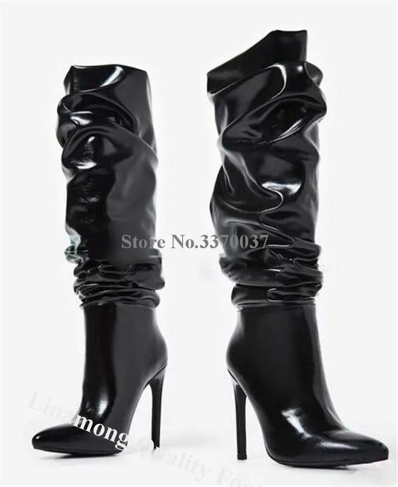 VCSHOES Patent Leather Pointed Toe Stiletto Heel Knee High Boots Red Black Pleated Long High Heel Boots Club Dress Shoes