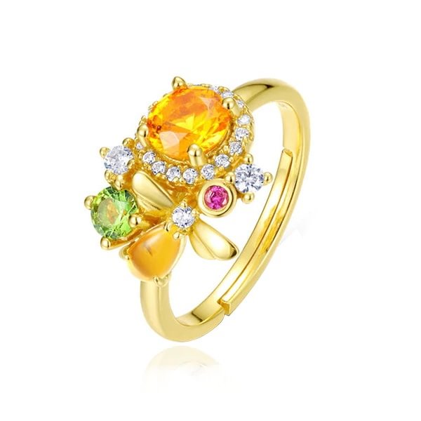 Yellow Round Created Adjustable Bee Ring
