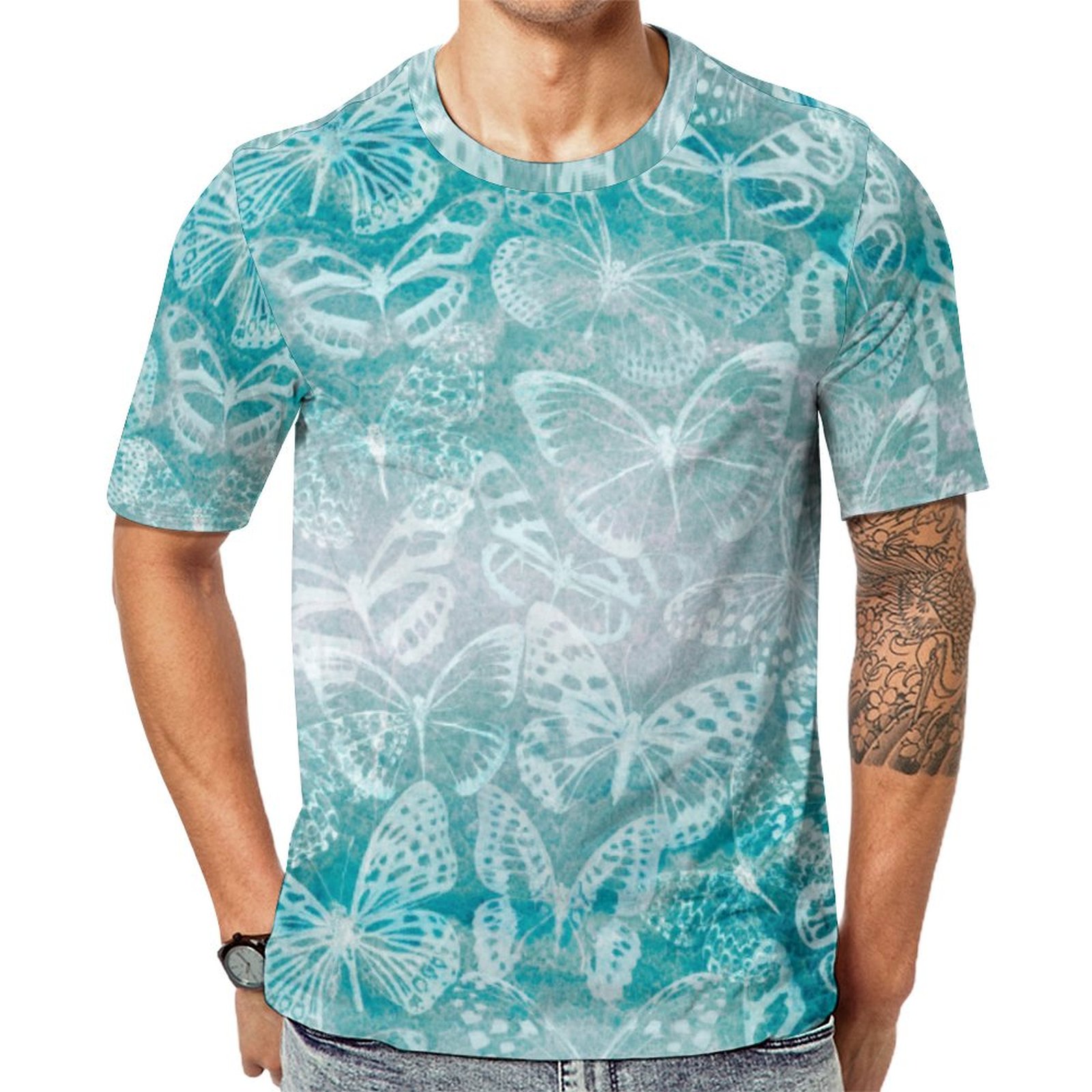Sea Green Marble Butterflies Short Sleeve Print Unisex Tshirt Summer Casual Tees for Men and Women Coolcoshirts