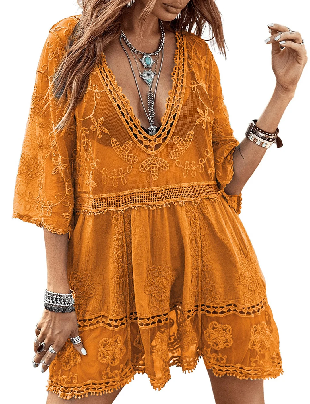 B2prity Women's Contrast Lace Bathing Suit Cover Up V-Neck Swimsuit Coverups Loose Swimwear Beach Dress Beachwear