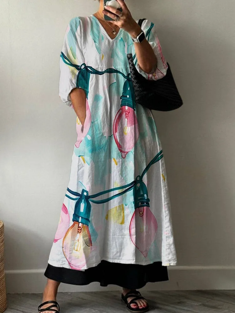 Holiday Lights Decoration Pattern Pocket V-neck Cotton Dress