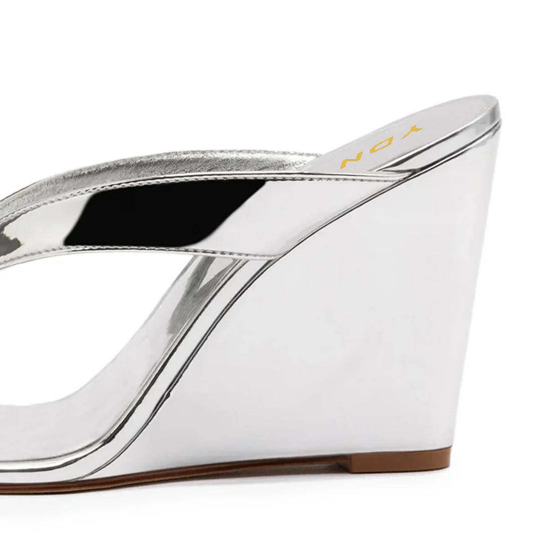 Metallic Finish Open Round Toe Flip Flop Wedge Sandals in Silver