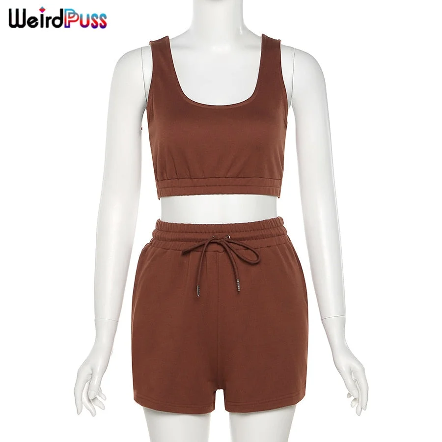 Weird Puss 2021 Cotton Tracksuit Women Sporty Casual Strapless Top+Biker Shorts Matching Set Summer Trend Streetwear Slim Outfit