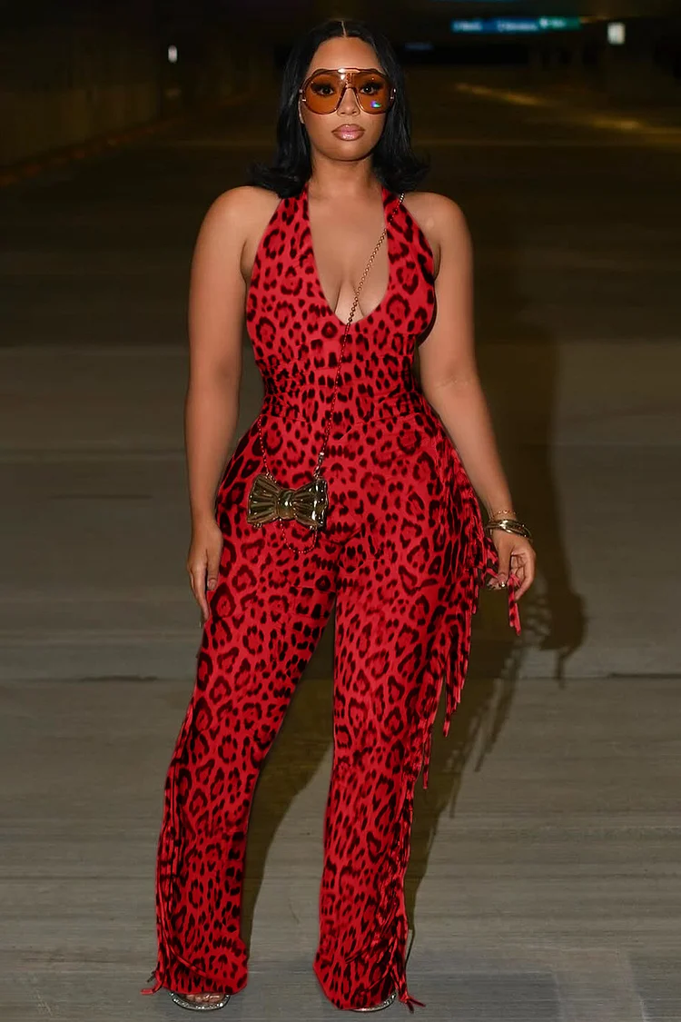 Leopard Print Deep U Halter Neck Fringe Party Jumpsuit-Red