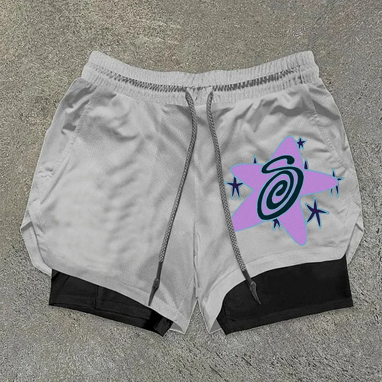 Casual Men's Stussy Galaxy Graphics Drawstring Double Layer Shorts
