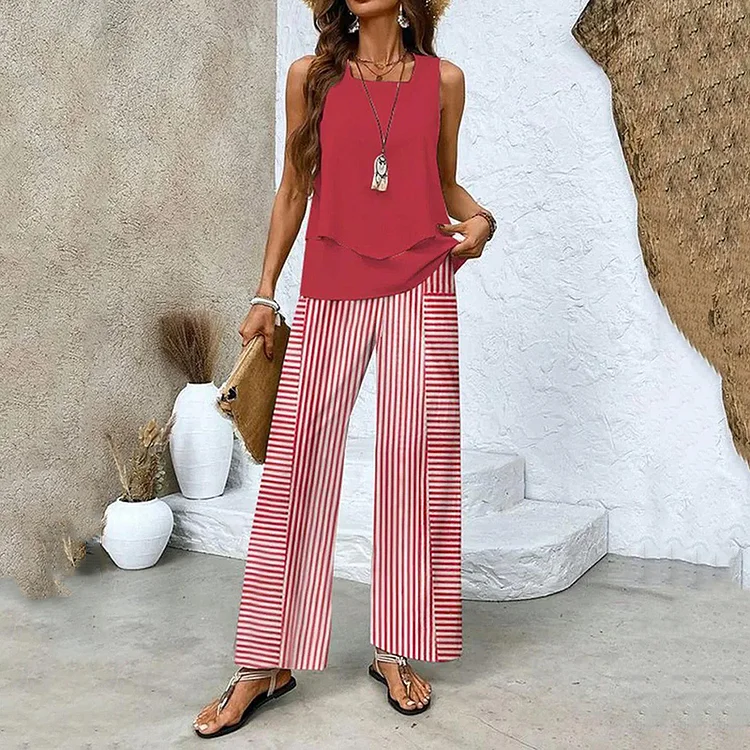 Utbros Stripe Double Layer Tank Pants Two Piece Set