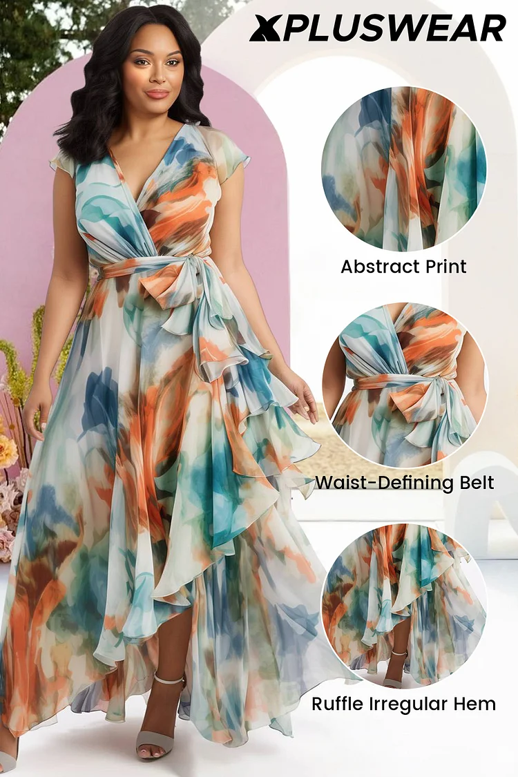 Xpluswear Design Plus Size Semi Formal Multicolor All Over Print Wrap