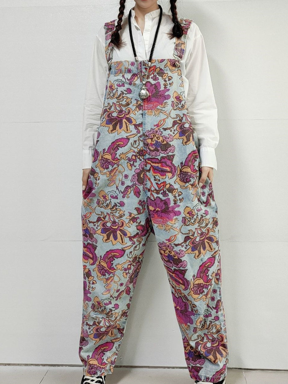 Women's Floral Printed Casual Retro Cropped Workwear Denim Overalls Jumpsuit