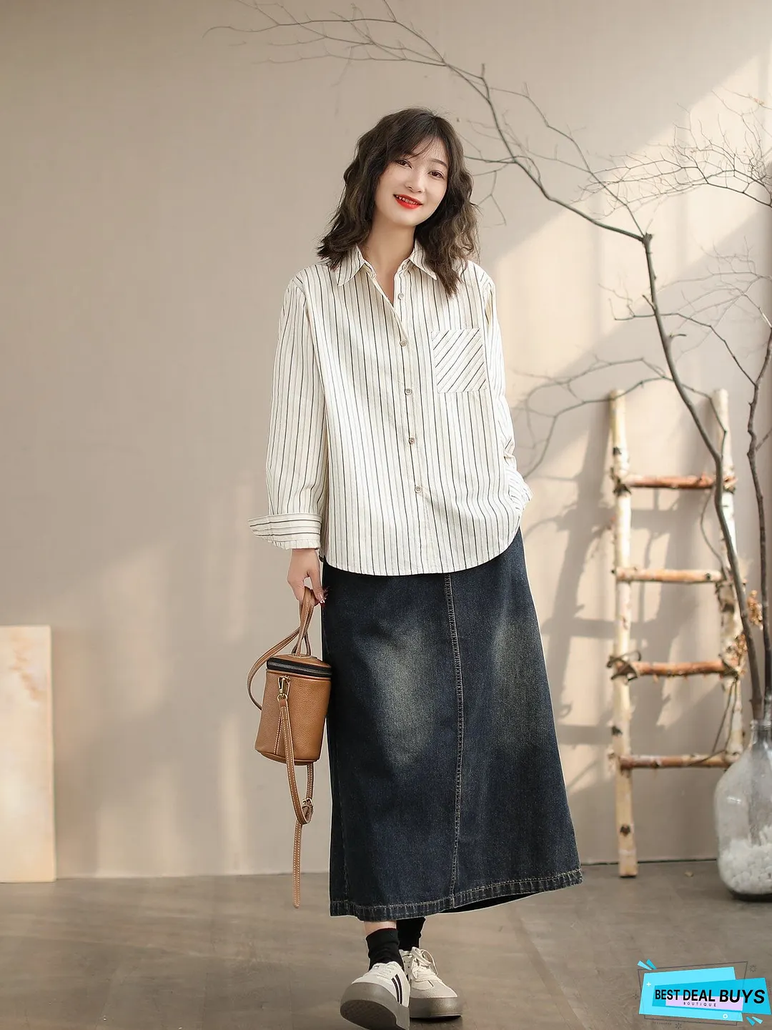 Women Spring Casual Cotton Stripe Loose Blouse