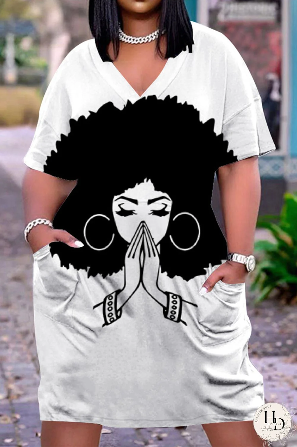 Shallow Yellow Fashion Casual Print Basic V Neck Short Sleeve Dress