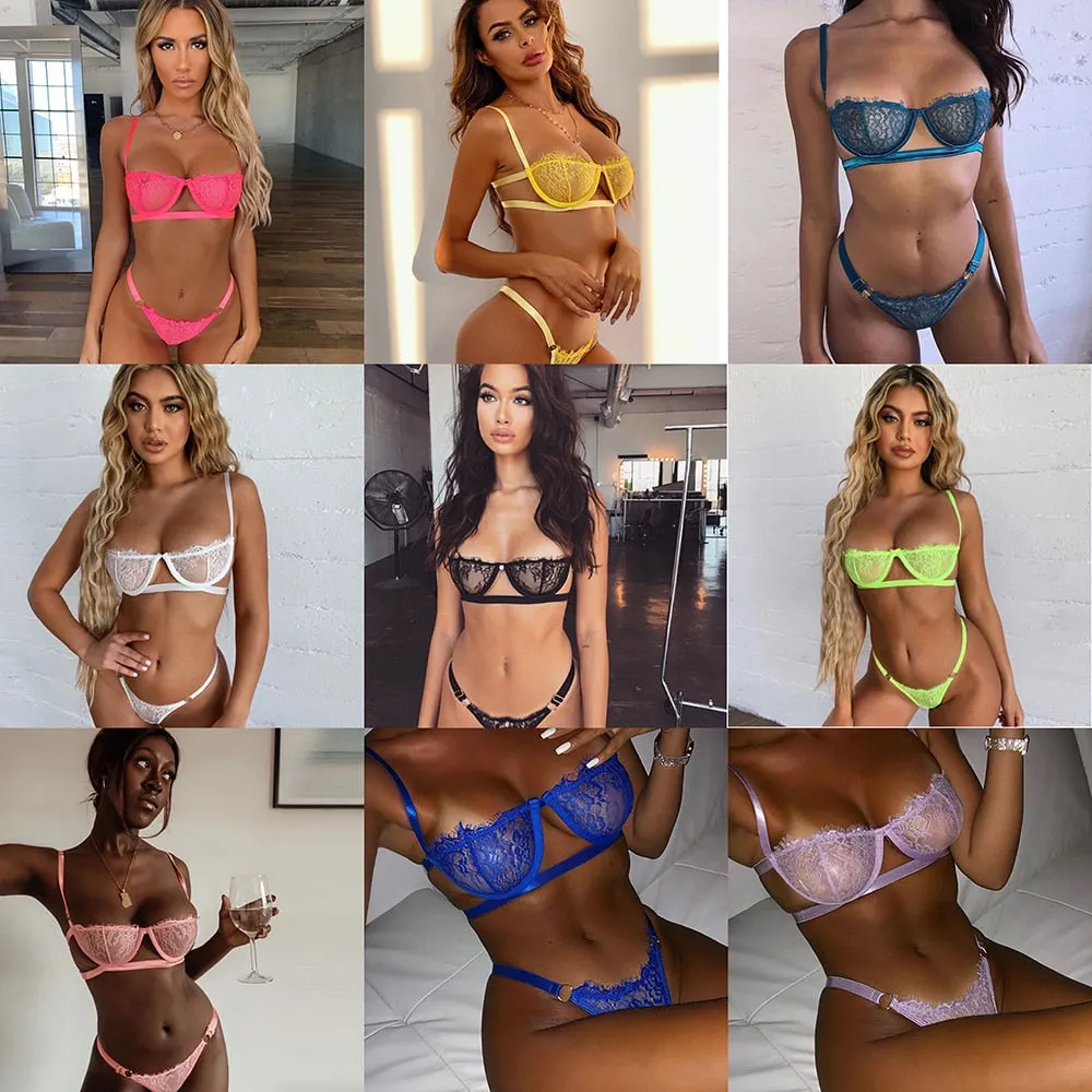 Ellolace Sexy Women's Underwear Lingerie Transparent Bra Low Cup Lace Underwear Set Lenceria Sexy Lingerie Set Bra And Panty Set 514