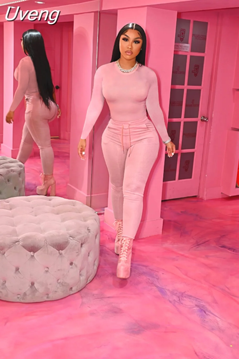 Uveng Fall Sport Solid Women's Set Long Sleeve T Shirt and Pants Suit Active Sweatsuit Tracksuit Two Piece Set Fitness Outfits