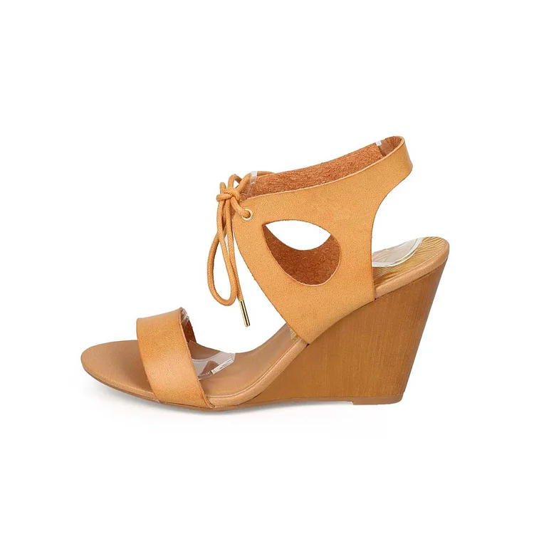 Mustard Wedge Sandals Lace up Open Toe Shoes |FSJ Shoes
