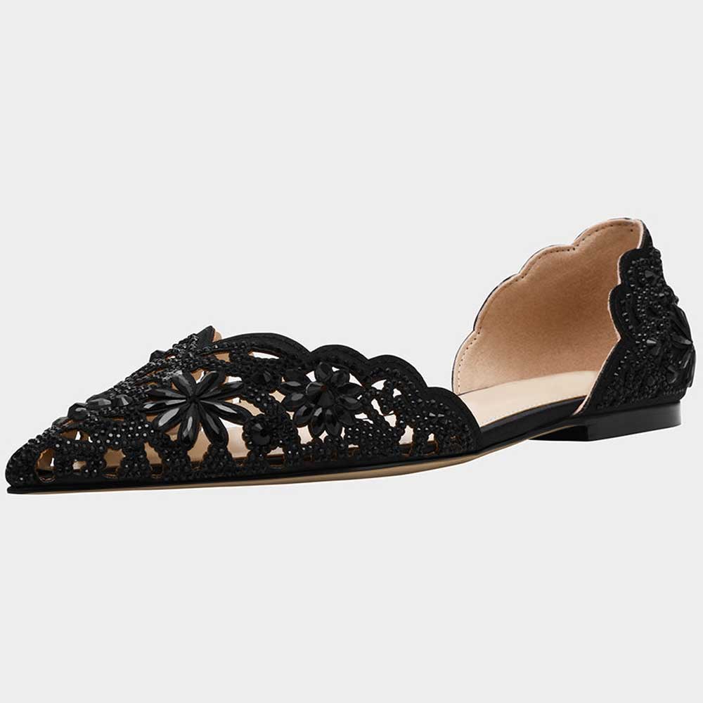Black Cut-Out Rhinestone Embellished Pointed Toe Flat Elegant Pumps Nicepairs