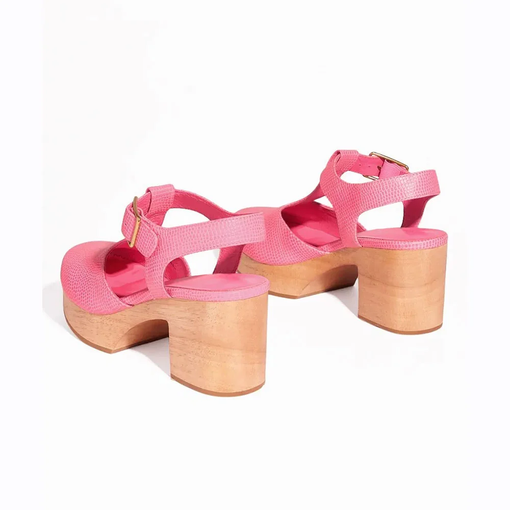 Platform Clogs Block Heel T-Strap Embossed Pink Pumps with Buckle