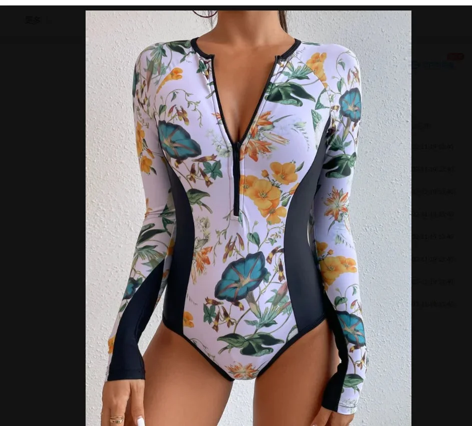 Huiketi New Sexy One Piece Swimsuit Push Up Swimwear Women Monokini Long Sleeves Swim Suit Bathing Suit Women Summer Beach Wear