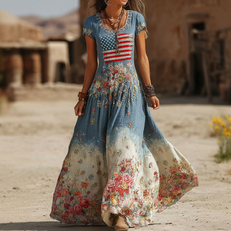  Women's Retro Independence Day Anniversary Flag Floral Cotton Linen Round Neck Color Block Dress Westsshops