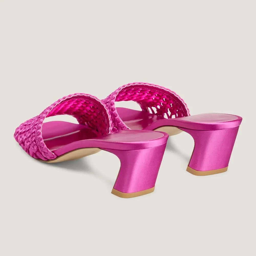 Fuchsia Satin Woven Square Toe Block Heel Slip On Summer Sandals
