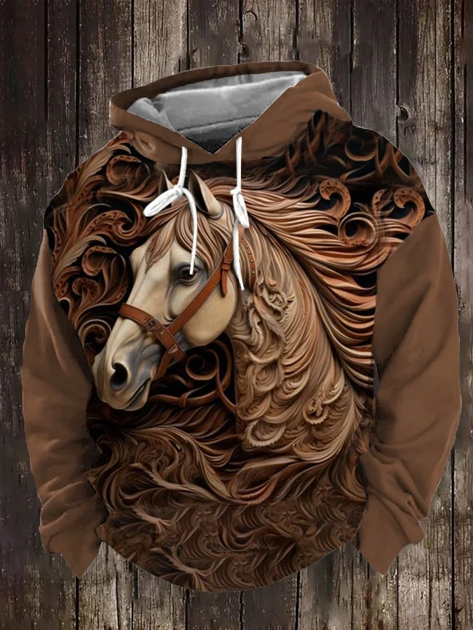 Men's Vintage 3D Wood Engraved Horse Print Casual Hoodie