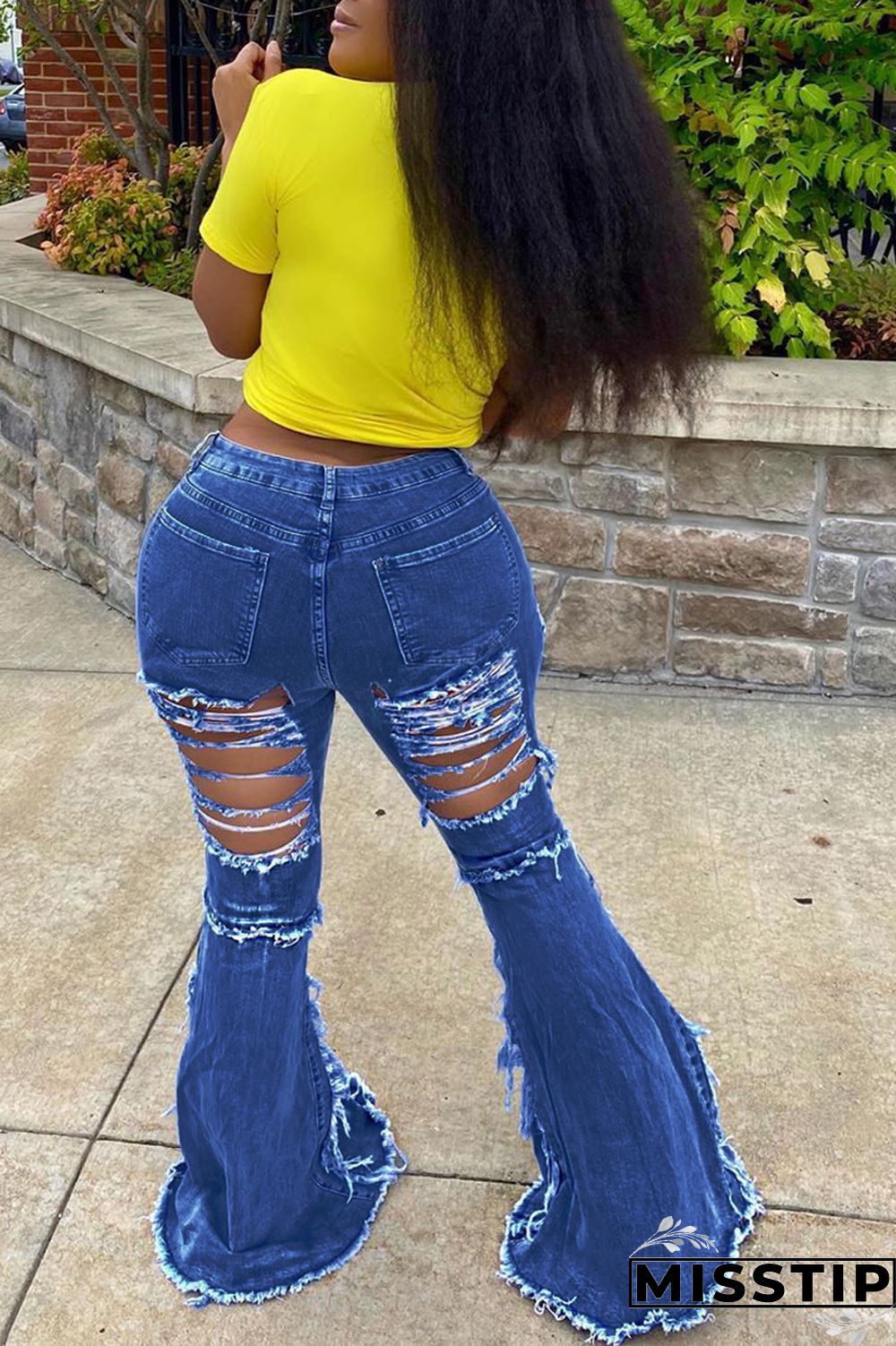 Blue Fashion Casual Solid Ripped Plus Size Jeans
