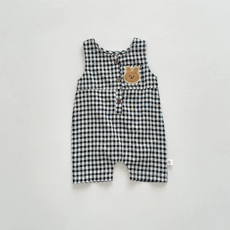Baby Embroidered Bear Plaid Sleeveless Romper