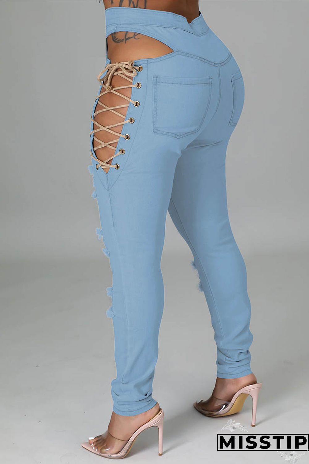 Light Blue Casual Solid Ripped Hollowed Out Frenulum Mid Waist Skinny Denim Jeans