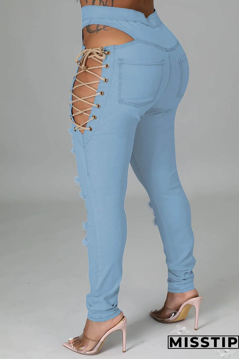 Light Blue Casual Solid Ripped Hollowed Out Frenulum Mid Waist Skinny Denim Jeans