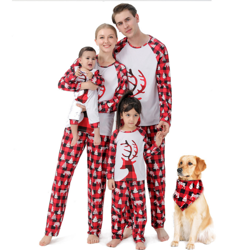 Christmas round collar checked printed baby pajamas set  (with Pet Dog Clothes)