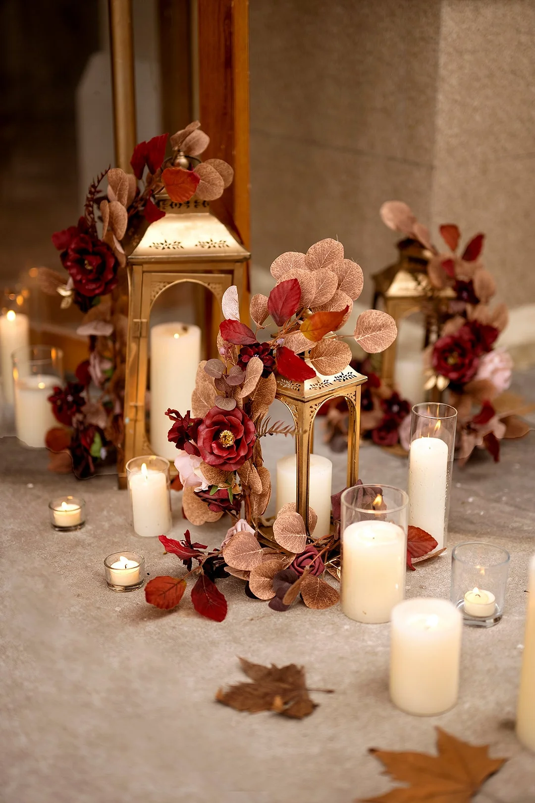Lantern Floral Arrangements in Burgundy & Dusty Rose